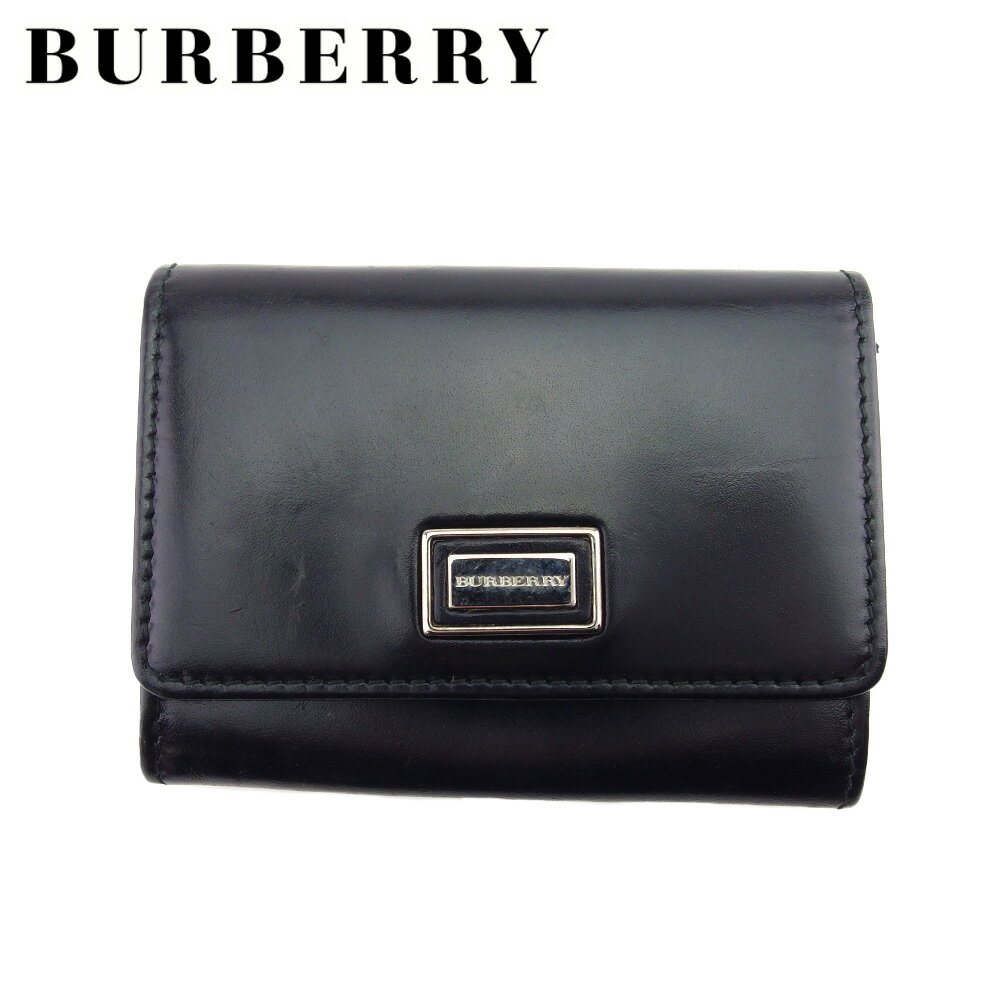 【スプリングセール30％OFF】 【中古】 バーバリー カードケース 名刺れ レディース メンズ ロゴプレート ブラック シルバー レザー BURBERRY F1883