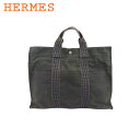 【スプリングセール】 【中古】 エルメス トートバッグ ハンドバッグ メンズ可 エールライン グレー 灰色ブラック 綿100% HERMES T22001