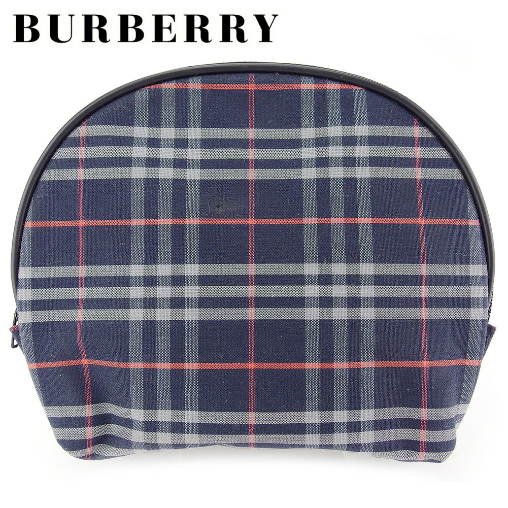 【スプリングセール】バーバリー ポーチ 化粧ポーチ レディース メンズ チェック ネイビー レッド ホワイト 白 キャンバス BURBERRY 【バーバリー】 T17080 【中古】