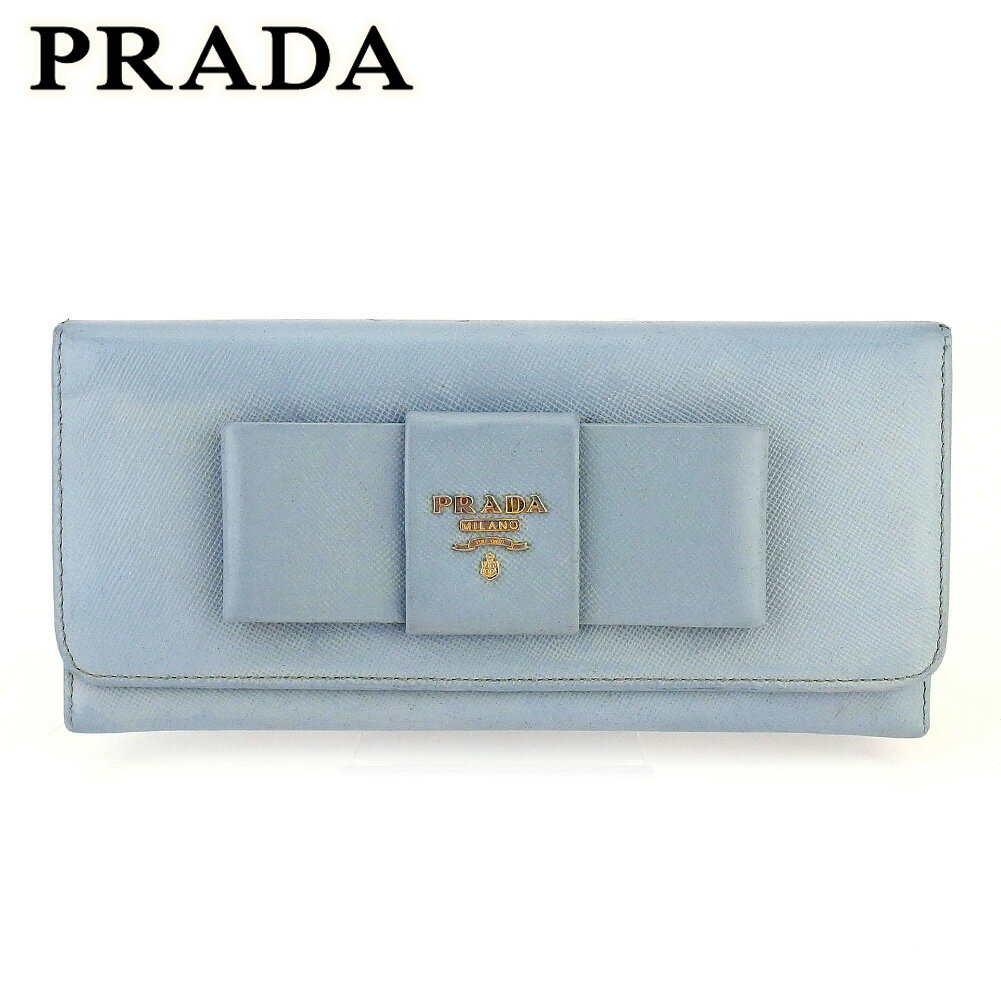 【スプリングセール30％OFF】プラダ 長財布 ファスナー付き 財布 レディース リボン ブルー ゴールド サフィアーノレザー PRADA 【プラダ】 T17092 【中古】