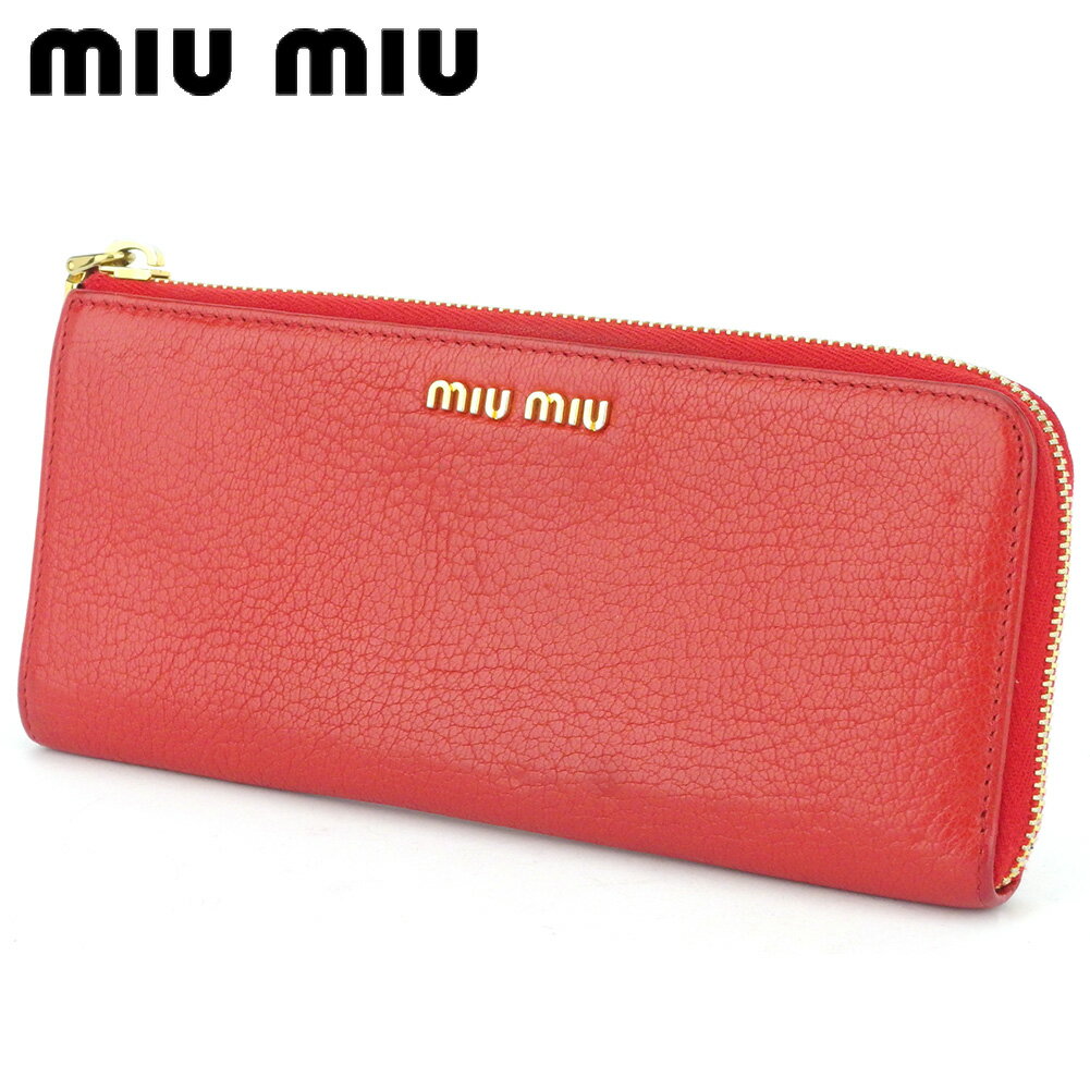 【スプリングセール30％OFF】ミュウミュウ 長財布 L字ファスナー 財布 レディース ロゴ レッド ゴールド レザー miu miu 【ミュウミュウ】 L3033S 【中古】