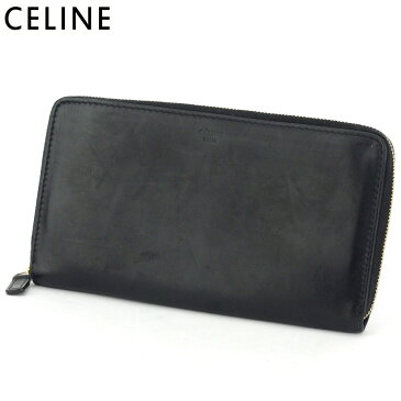 【中古】 セリーヌ 長財布 ラウンドファスナー 財布 レディース メンズ ロゴ ブラック ゴールド レザー CELINE T17945 A