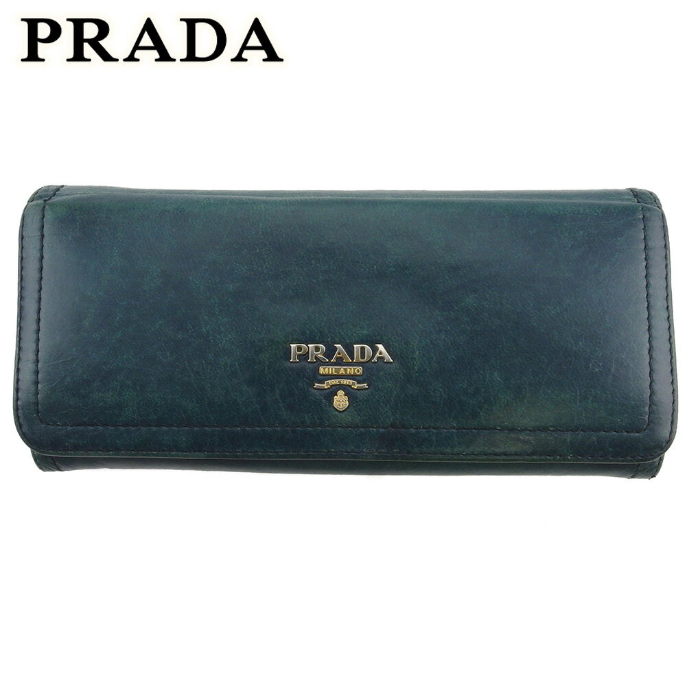 【スプリングセール30％OFF】プラダ 長財布 ファスナー付き 財布 レディース ロゴ グリーン ブルー ゴールド レザー PRADA 【プラダ】 T18209S 【中古】