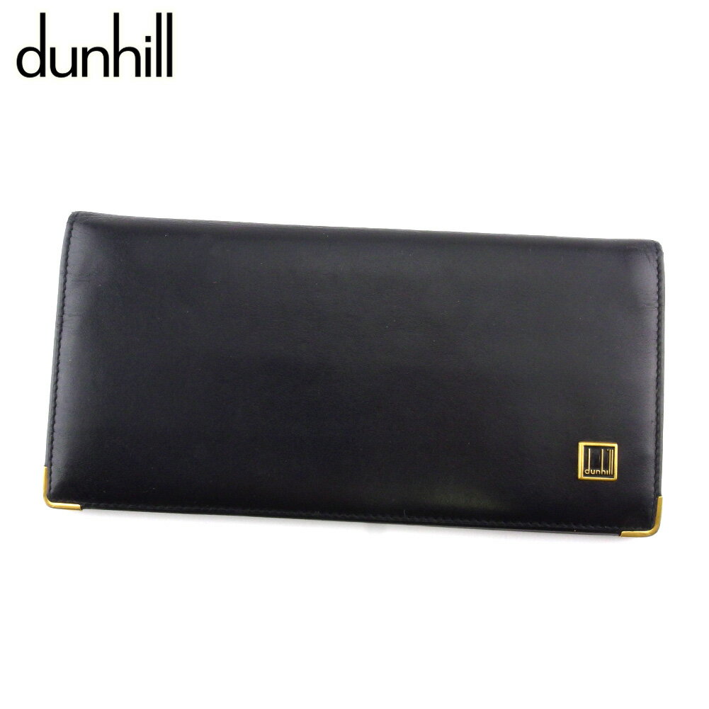 【スプリングセール】 【中古】 ダンヒル 長財布 ファスナー付き 財布 メンズ ロゴプレート ブラック ゴールド レザー dunhill L3591