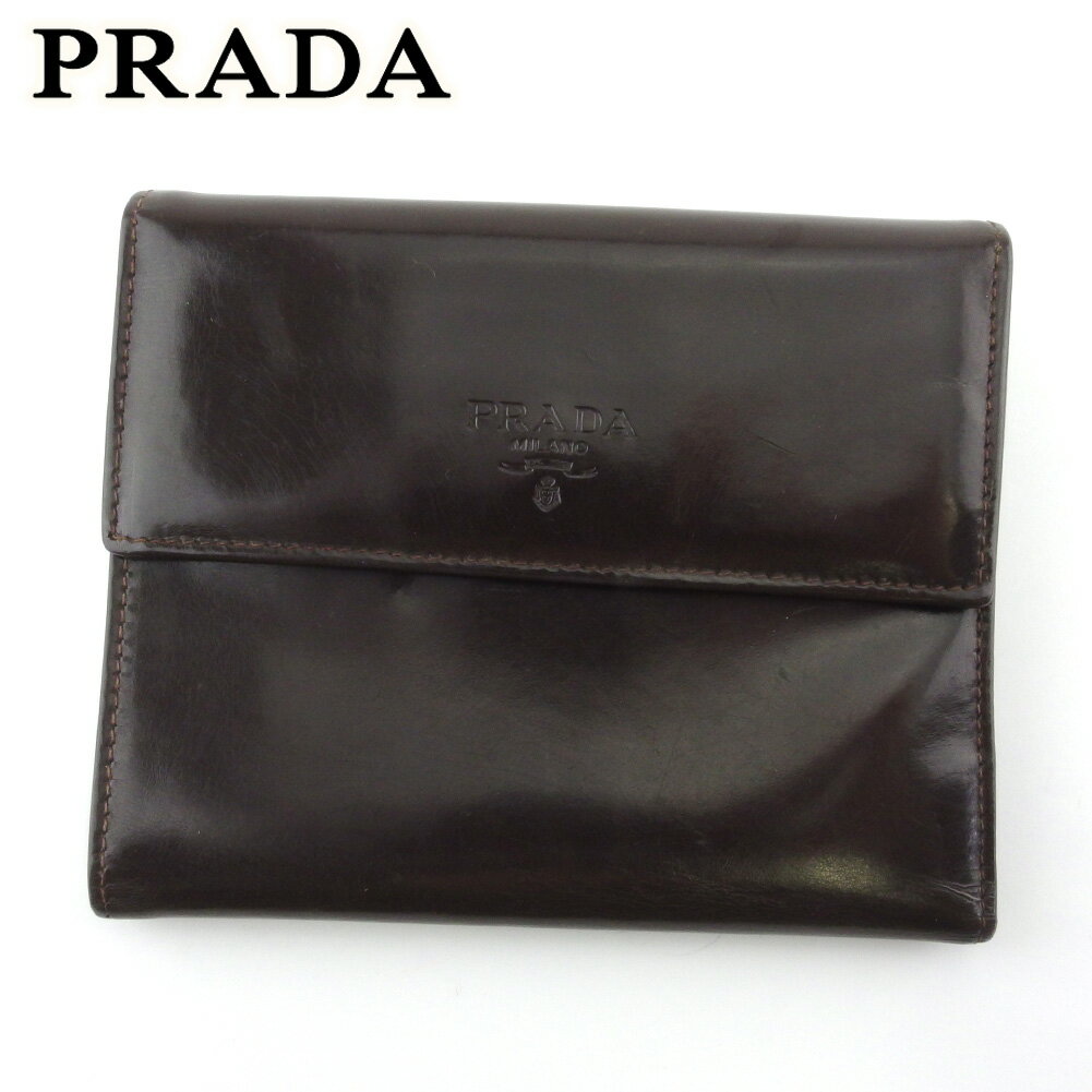 【スプリングセール】 【中古】 プラダ 三つ折り 財布 ファスナー付き レディース メンズ ロゴ ブラウン レザー PRADA T19845