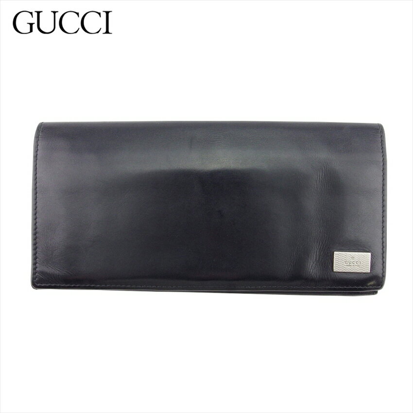 【スプリングセール30％OFF】 【中古】 グッチ 長札入れ 札入れ メンズ ロゴプレート ブラック シルバー レザー GUCCI L3792