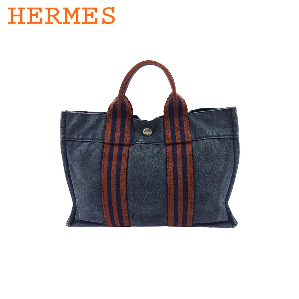 【スプリングセール30％OFF】【中古】 エルメス トートバッグ ハンドバッグ フールトゥ ネイビー　ブラウン キャンバス HERMES L4116