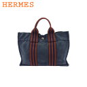 【春の大感謝祭 30％OFF】【中古】 エルメス トートバッグ ハンドバッグ フールトゥ ネイビー　ブラウン キャンバス HERMES L4116