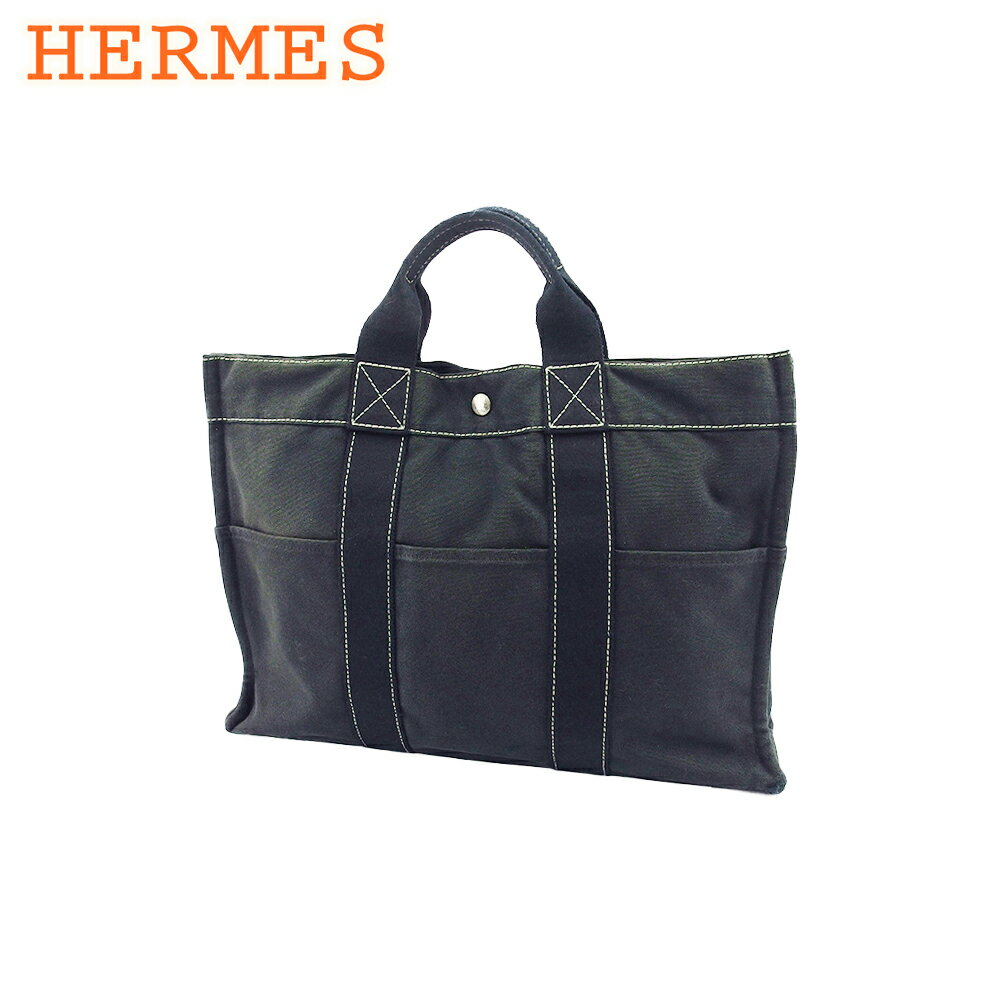 【スプリングセール30％OFF】 【中古】 エルメス トートバッグ ハンドバッグ ブラック　チャコールグレー　シルバー キャンバス HERMES L4130