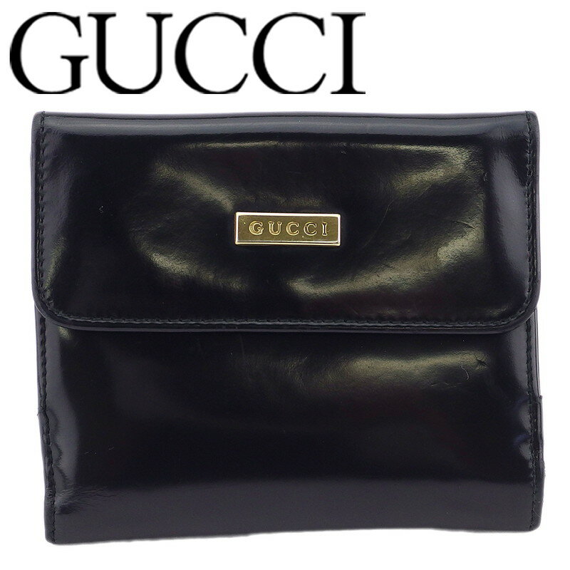 【スプリングセール】【中古】 グッチ Wホック 財布 二つ折り レディース メンズ オールドグッチ ロゴプレート ブラック エナメルレザー×ゴールド金具 GUCCI T23555