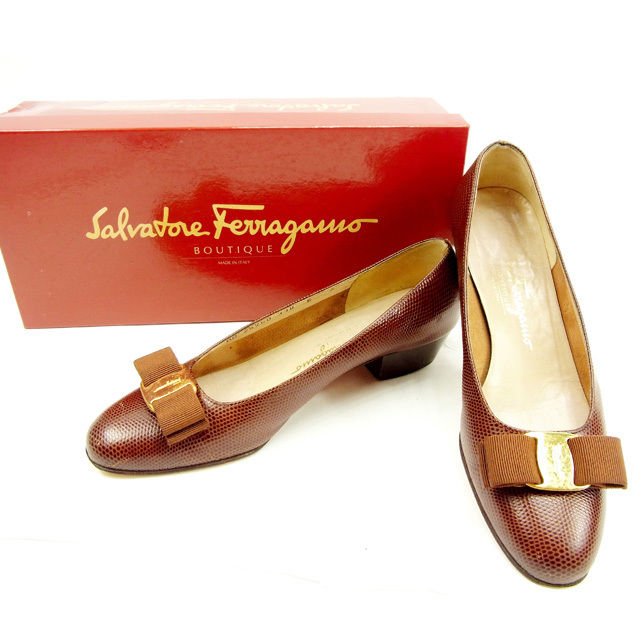 【スプリングセール30％OFF】サルヴァトーレ フェラガモ パンプス #6C ヴァラリボン ブラウン×ゴールド レザーSalvatore Ferragamo レディース プレゼント 贈り物 オシャレ 大人 ファッション 【フェラガモ】 A1300 【中古】