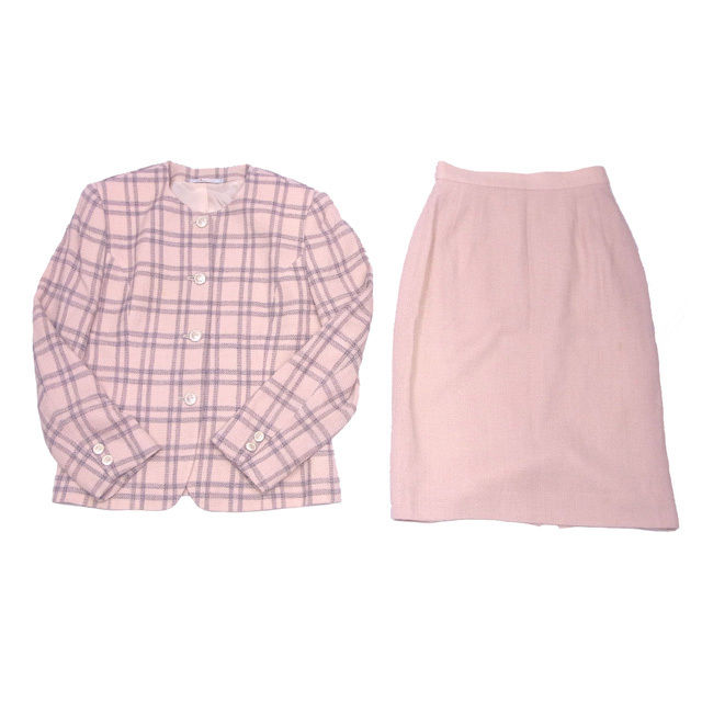 【スプリングセール】アクアスキュータム スーツ タイトスカート シングルジャケット チェック ピンクベージュ×ブラック Aquascutum 【アクアスキュータム】 A759S 【中古】