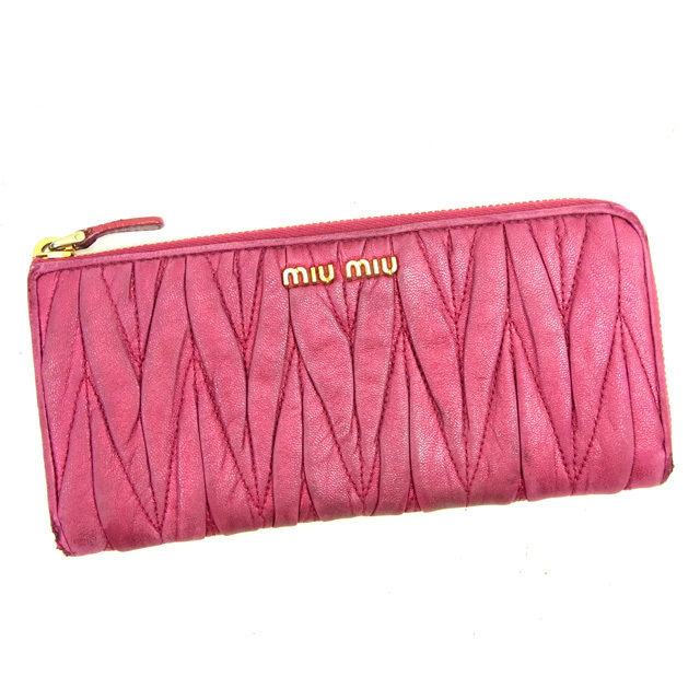 【スプリングセール】【ラスト1点】 【中古】 ミュウミュウ 長財布 L字ファスナー マテラッセ ピンク レザ- miu miu 長サイフ サイフ 収納 財布 ユニセックス 小物 【ミュウミュウ】 C2641 【中古】