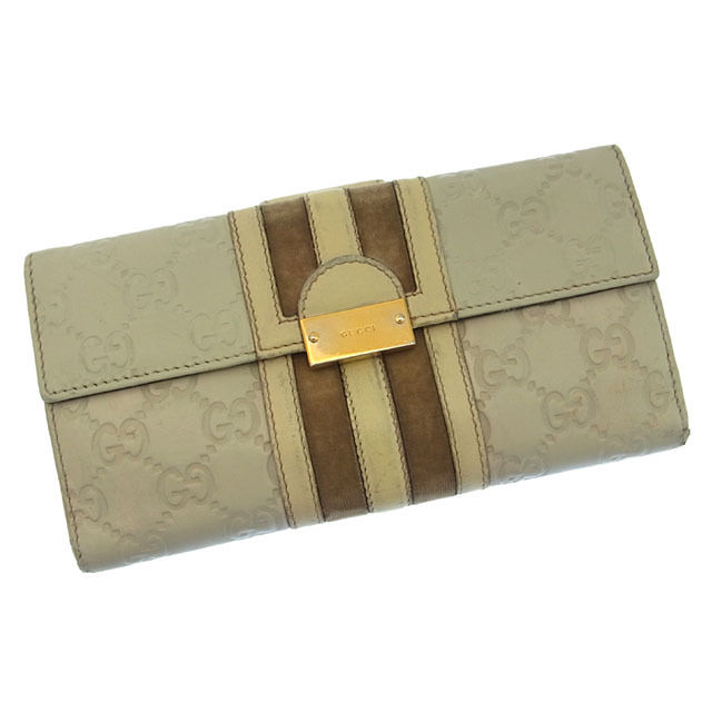 【スプリングセール】グッチ 長財布 Wホック二つ折り トレジャーベロアライン グッチシマ ライトグレー×ゴールド系 GUCCI 長サイフ サイフ 収納 財布 ユニセックス 小物 【グッチ】 F546 【中古】