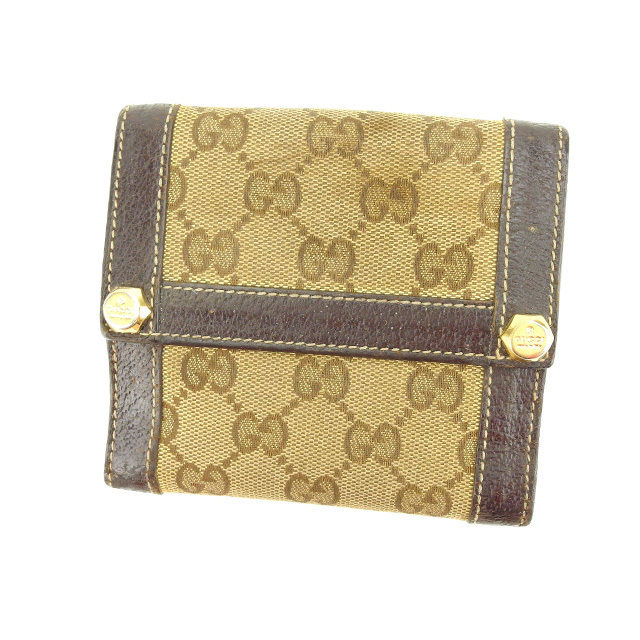 【スプリングセール】グッチ Wホック財布 二つ折り財布 GGキャンバス ベージュ×ブラウン×ゴールド GUCCI 【グッチ】 T12859S 【中古】