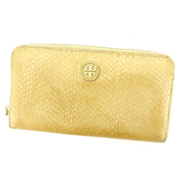 【スプリングセール】トリバーチ 長財布 ラウンドファスナー ロゴプレート ベージュ×ゴールド Tory Burch 長サイフ サイフ 収納 財布 ユニセックス 小物 【トリバーチ】 N304 【中古】