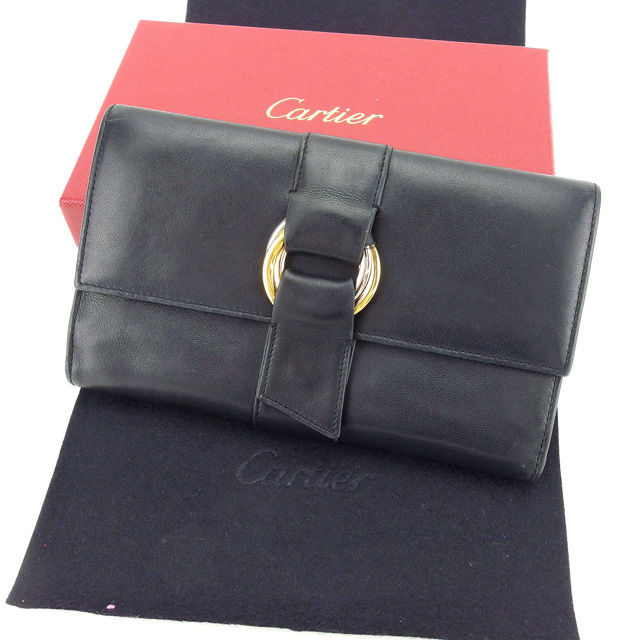 【スプリングセール30％OFF】カルティエ 長財布 三つ折り財布 ブラック Cartier 【カルティエ】 P437S 【中古】