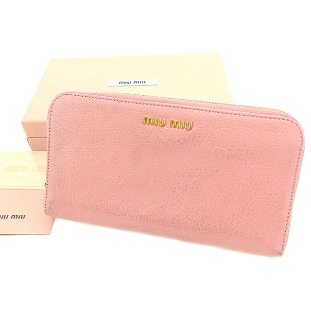 【スプリングセール30％OFF】ミュウミュウ 長財布 ラウンドファスナー ロゴ ピンク レザー miu miu 長サイフ サイフ 収納 財布 ユニセックス 小物 【ミュウミュウ】 T2345 【中古】