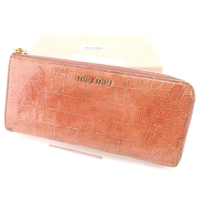 【スプリングセール】ミュウミュウ 長財布 L字ファスナー クロコダイル調 ピンク×ゴールド 型押しレザー miu miu 長サイフ サイフ 収納 財布 ユニセックス 小物 【ミュウミュウ】 T797 【中古】