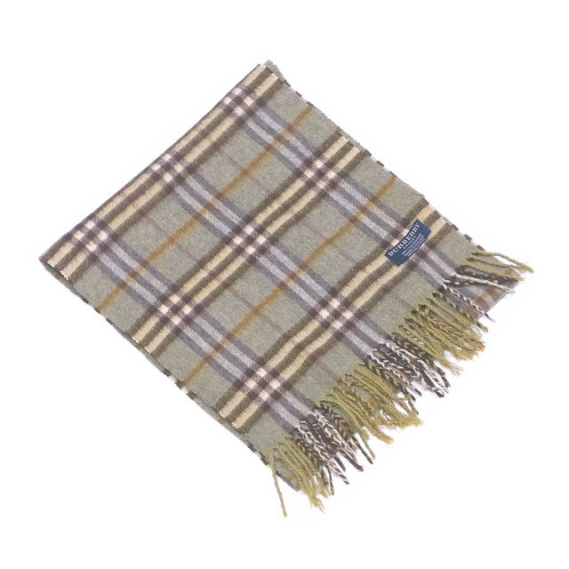 【中古】 バーバリー マフラー フリンジ付き カシミア チェック カーキ系 CASHMERE 100%BURBERRY レディース プレゼント 贈り物 オシャレ 大人 ファッション 【バーバリー】 T995 ★