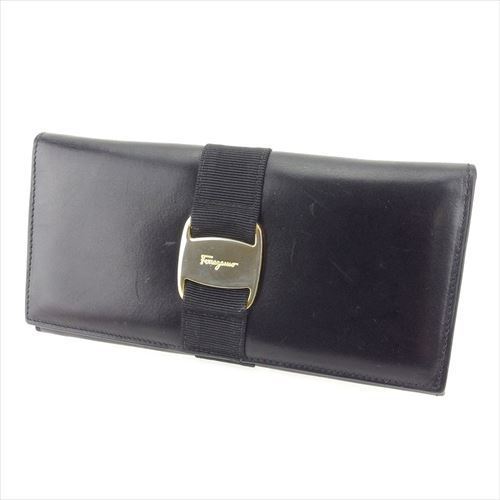 【スプリングセール】サルヴァトーレ フェラガモ 長財布 ファスナー付き 財布 ヴァラ ブラック ゴールド レザー Salvatore Ferragamo 長サイフ サイフ 収納 財布 ユニセックス 小物 【フェラガモ】 T5864 【中古】