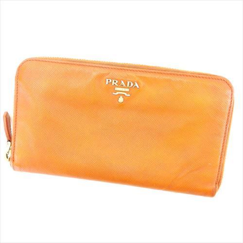 【スプリングセール30％OFF】プラダ 長財布 財布 ラウンドファスナー ロゴ オレンジ ゴールド サフィアーノレザー PRADA 長サイフ サイフ 収納 財布 ユニセックス 小物 【プラダ】 T6363 【中古】