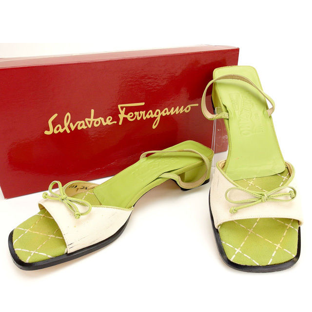 【スプリングセール30％OFF】サルヴァトーレ フェラガモ サンダル ＃7 12 B グリーン×ベージュ Salvatore Ferragamo 【フェラガモ】 T15499S 【中古】