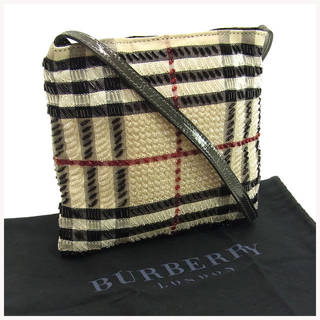 バーバリー ショルダーバッグ ポーチバッグ ミニサイズ ビーズ付き ノバチェック ベージュ系×ブラック BURBERRY バッグ バック 肩掛け 収納 バッグ  T14609 