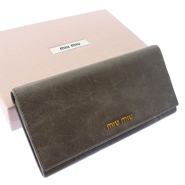 【スプリングセール】ミュウミュウ 長財布 ファスナー 二つ折り ロゴ グレー×ゴールド×パープル miumiu 【ミュウミュウ】 T14702S 【中古】
