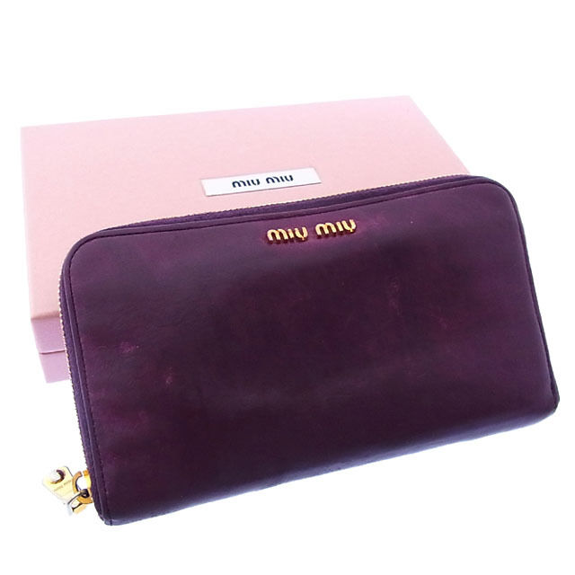 【スプリングセール】ミュウミュウ 長財布 ラウンドファスナー ロゴ パープル×ゴールド miumiu 長サイフ サイフ 収納 財布 ユニセックス 小物 【ミュウミュウ】 T16161 【中古】