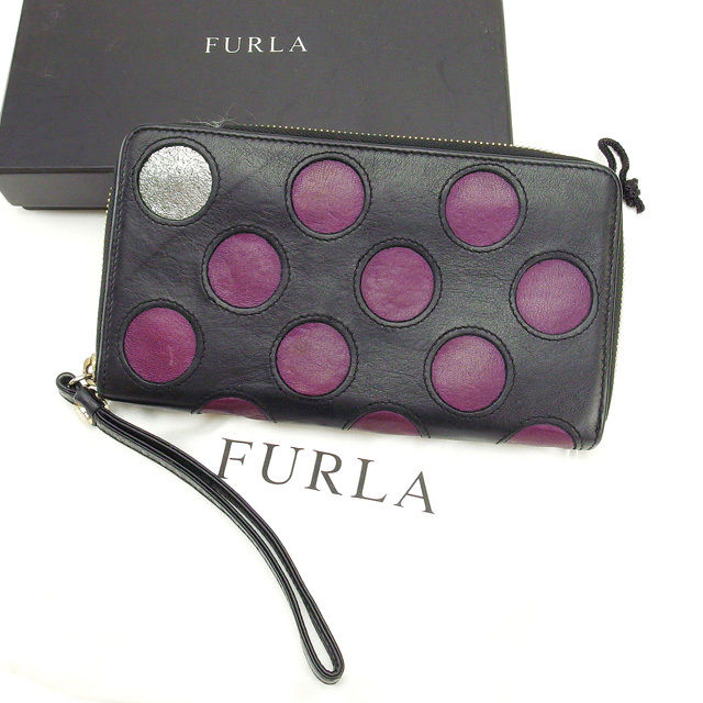 【スプリングセール30％OFF】フルラ 長財布 ラウンドファスナー ブラック×パープル FURLA 【フルラ】 T14775S 【中古】