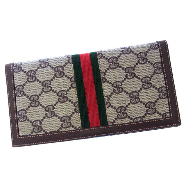 【スプリングセール】グッチ 長札入れ 二つ折り シェリーライン GGプラス ベージュ系×グリーン×レッド GUCCI 【グッチ】 T13258S 【中古】