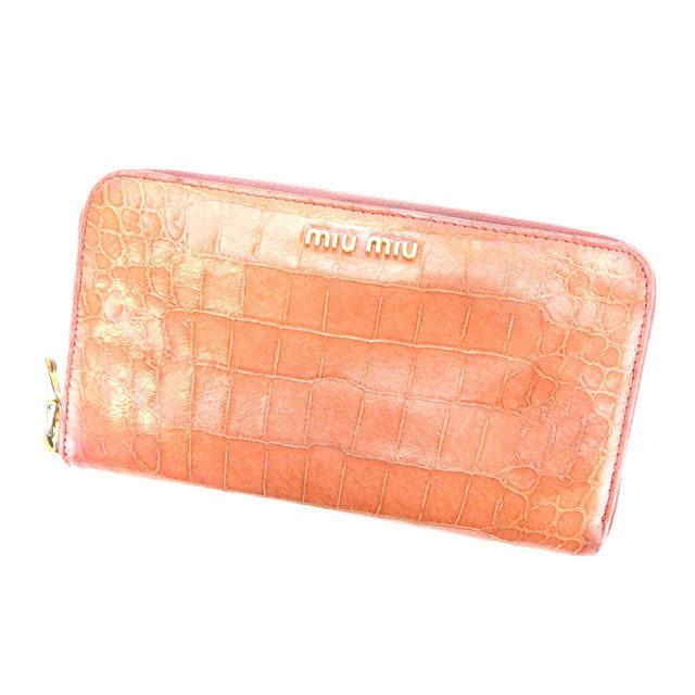 【スプリングセール】ミュウミュウ 長財布 ラウンドファスナー クロコダイル型押し ピンク miumiu 長サイフ サイフ 収納 財布 ユニセックス 小物 【ミュウミュウ】 T16414 【中古】