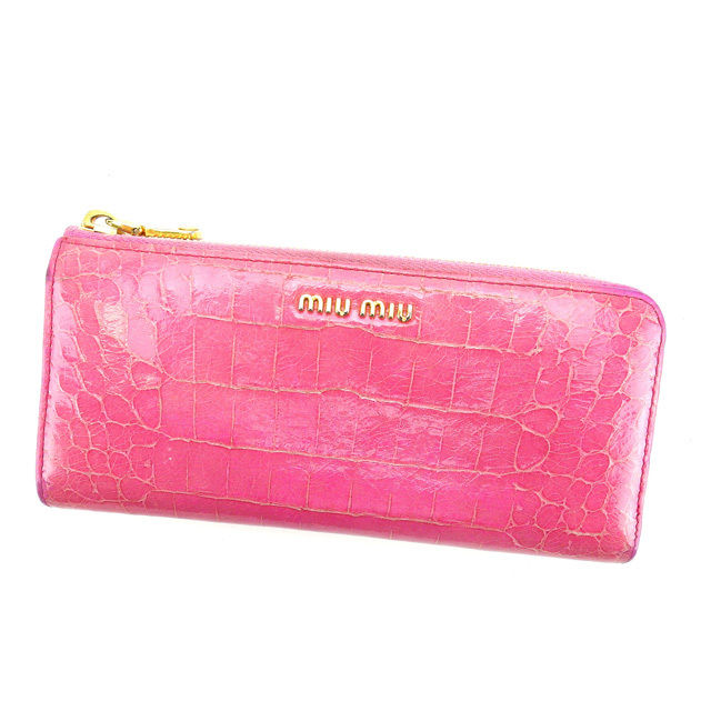【スプリングセール】ミュウミュウ 長財布 L字ファスナー ロゴ入り クロコダイル調 ピンク×ゴールド miumiu 【ミュウミュウ】 T10697S 【中古】