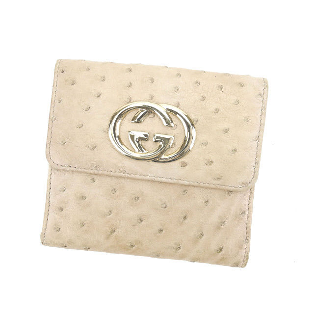 【スプリングセール】グッチ Wホック財布 二つ折り財布 インターロッキングG ベージュ×ゴールド GUCCI 【グッチ】 T11786S 【中古】