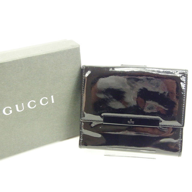 【スプリングセール】グッチ Wホック財布 ブラック エナメルレザー Gucci 【グッチ】 T15021S 【中古】
