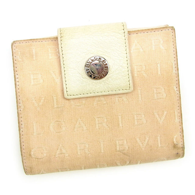 【スプリングセール】ブルガリ Wホック財布 ロゴマニア ベージュ×ホワイト キャンバス×レザー BVLGARI ホックサイフ ホック財布 財布 サイフ 財布 ユニセックス 小物 【ブルガリ】 T15506 【中古】