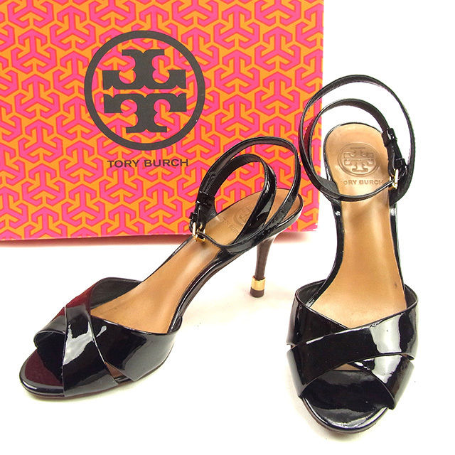 【中古】 トリーバーチ サンダル シューズ 靴 ♯6M アンクルストラップ クロスデザイン ブラック×ゴールド エナメルレザーTory Burch レディース プレゼント 贈り物 1点物 人気 良品 秋 オシャレ 大人 在庫一掃 ファッション 【トリーバーチ】 T11185 A ブランド