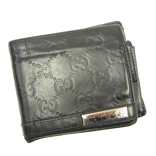 【スプリングセール】グッチ 二つ折り財布 グッチシマ ブラック×シルバー レザー GUCCI 【グッチ】 T14881S 【中古】