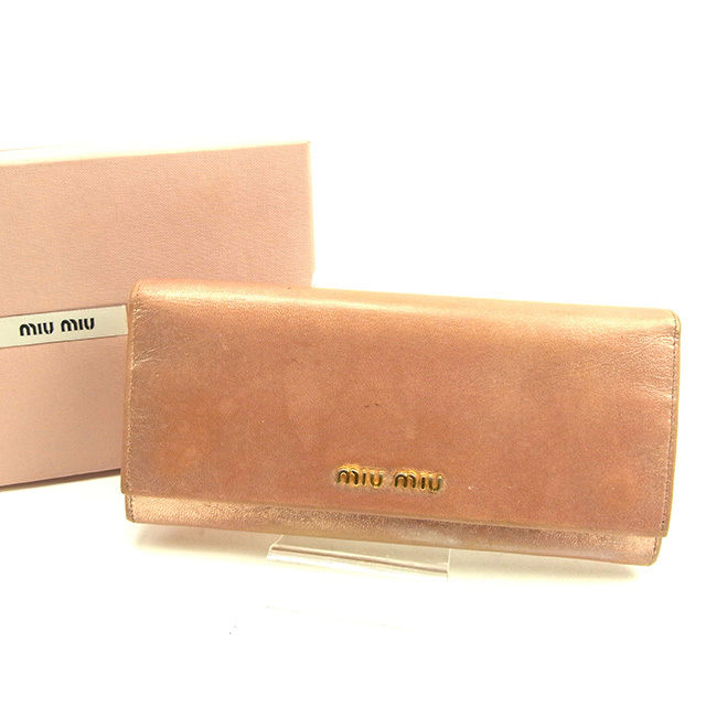 【スーパーセール】ミュウミュウ 長財布 ファスナー付き長財布 ロゴ メタリックピンク×ゴールド レザー miu miu 長サイフ サイフ 収納 財布 ユニセックス 小物 【ミュウミュウ】 T11697 【中古】