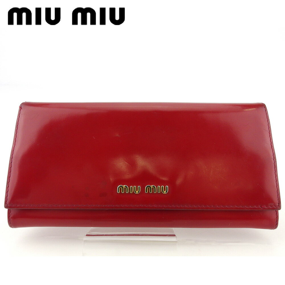 【スプリングセール30％OFF】ミュウミュウ 長財布 ファスナー付き 財布 レディース ロゴ レッド ゴールド レザー miu miu 【ミュウミュウ】 T18279S 【中古】