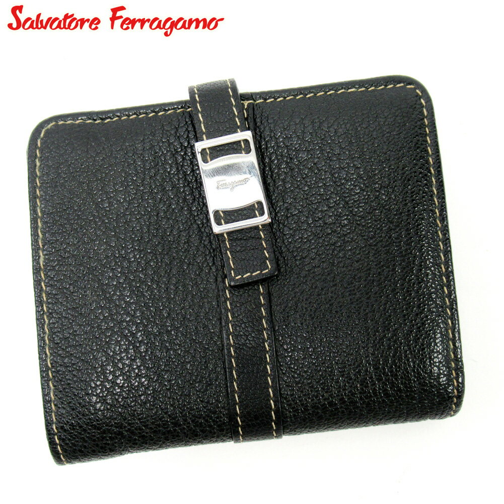 【スプリングセール30％OFF】サルヴァトーレ フェラガモ 二つ折り 財布 財布 ブラック レザー Salvatore Ferragamo 【フェラガモ】 T10310S 【中古】