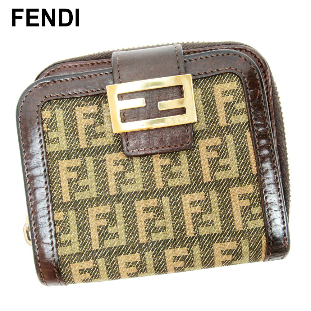 【スプリングセール30％OFF】フェンディ 二つ折り 財布 ラウンドファスナー ズッキーノ ブラウン ベージュ キャンバス×レザー FENDI 【フェンディ】 T10311S 【中古】