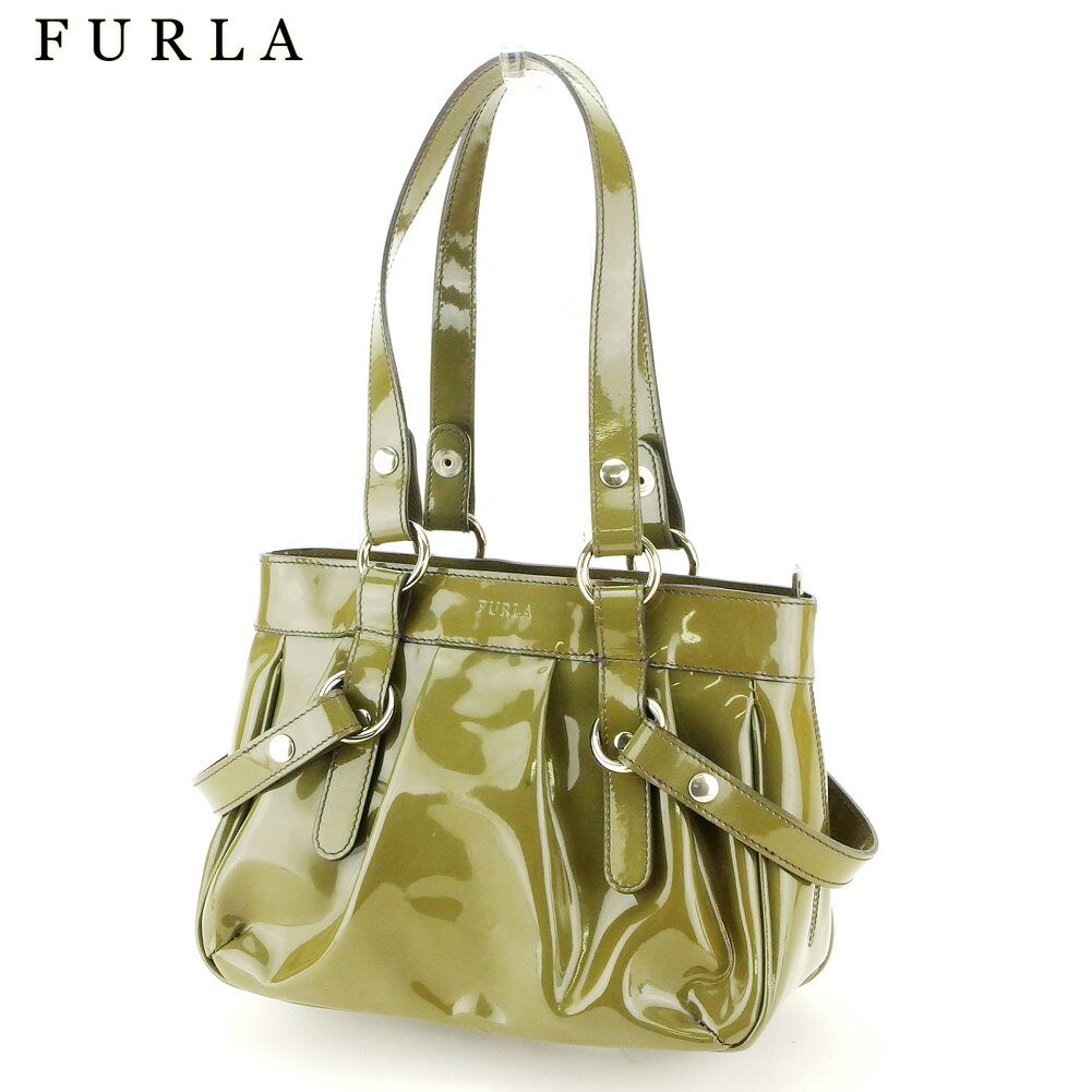 【スプリングセール30％OFF】フルラ ハンドバッグ トートバッグ タック入リ グリーン シルバー系 エナメルレザー FURLA バック 手持ちバッグ ファッション バッグ 収納 【フルラ】 F1508 【中古】