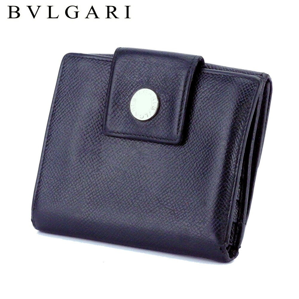 【スプリングセール30％OFF】ブルガリ Wホック 財布 二つ折り ロゴボタン ブラック シルバー レザー BVLGARI ホックサイフ ホック財布 財布 サイフ 財布 ユニセックス 小物 【ブルガリ】 T10409 【中古】