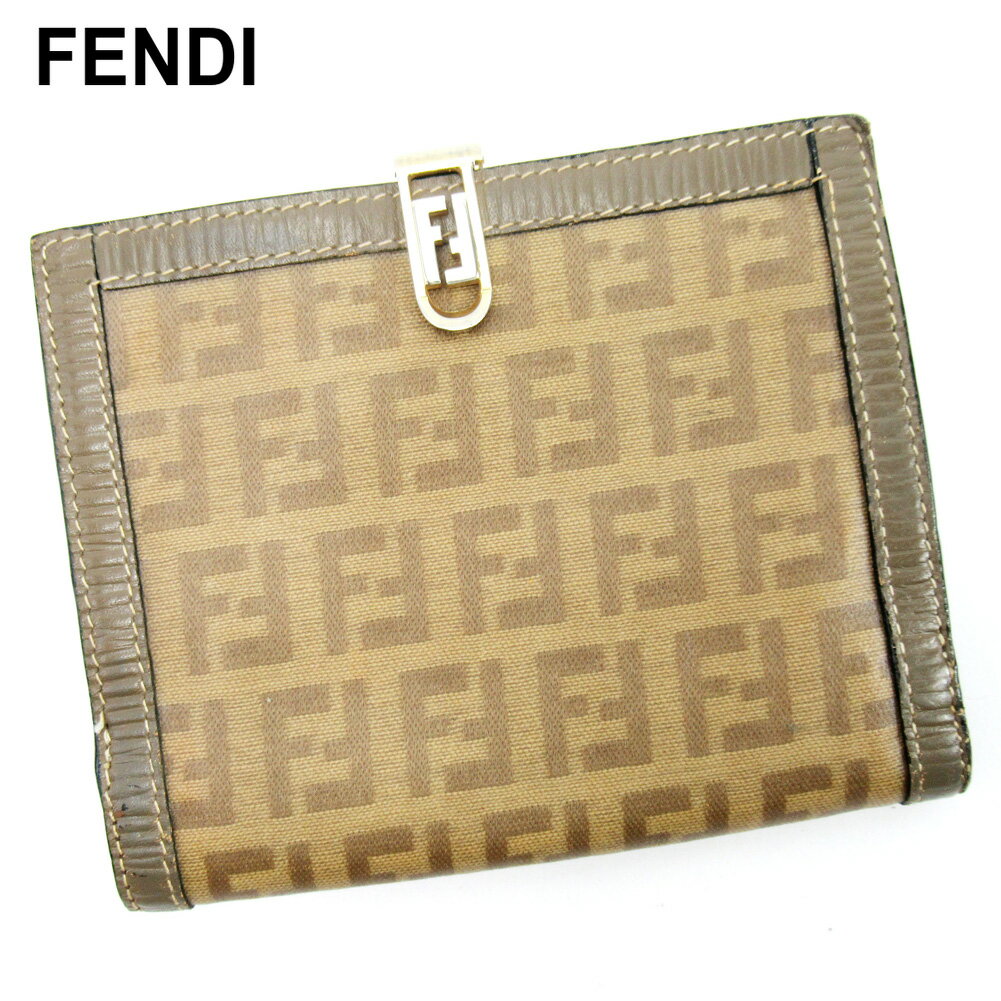 【スプリングセール30％OFF】フェンディ がま口 財布 二つ折り 財布 ズッキーノ ベージュ キャンバス×レザー FENDI がま口 財布 サイフ コンパクト 財布 ユニセックス 小物 【フェンディ】 F1561 【中古】