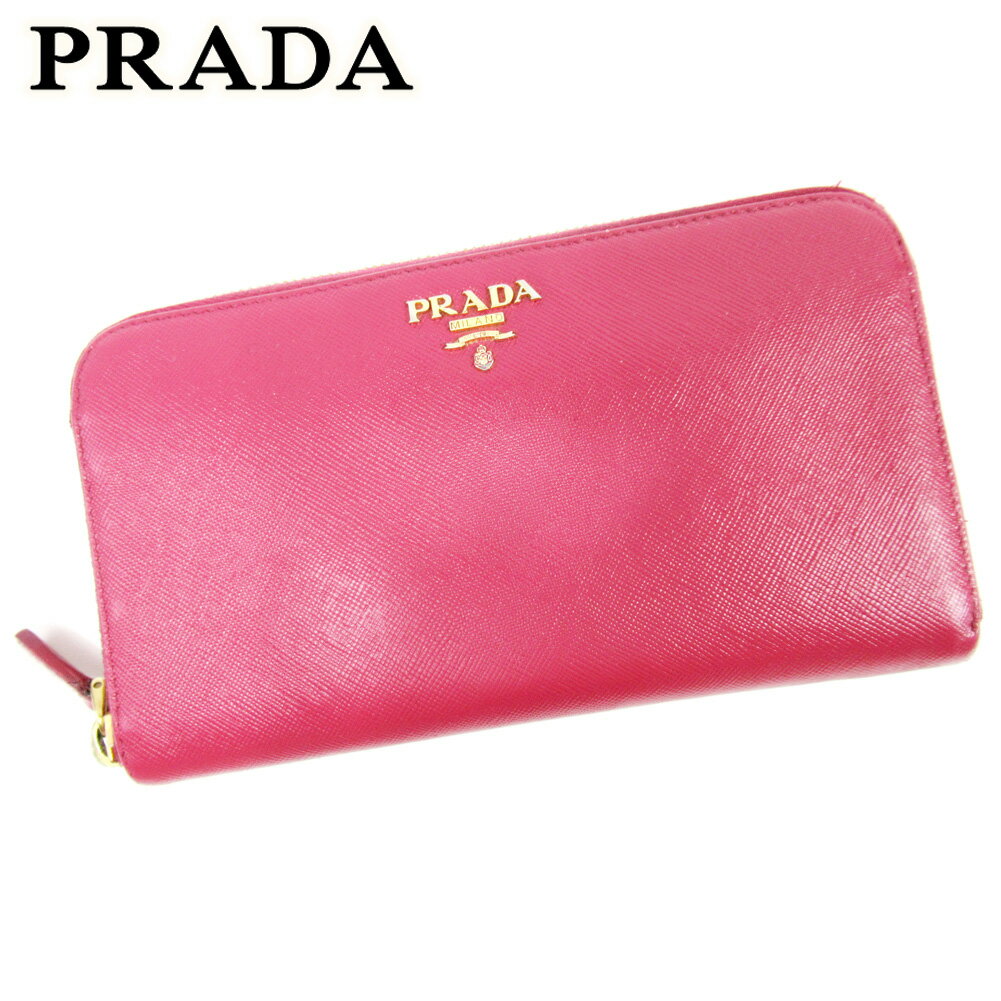 【スプリングセール30％OFF】プラダ 長財布 ラウンドファスナー ピンク レザー PRADA 【プラダ】 T10497S 【中古】