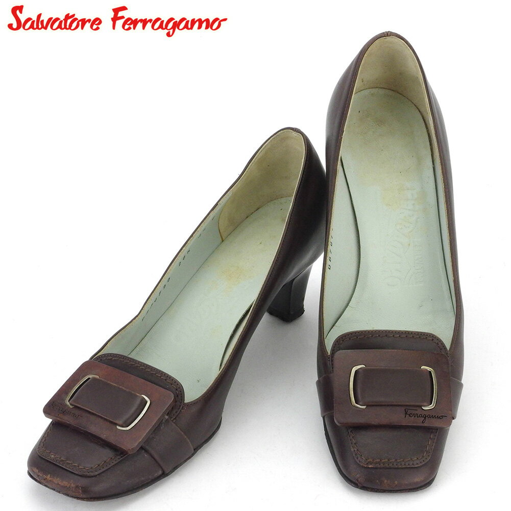 【スプリングセール30％OFF】サルヴァトーレ フェラガモ パンプス シューズ 靴 レディース #4ハーフ ブラウン レザー Salvatore Ferragamo 【フェラガモ】 D2137S 【中古】