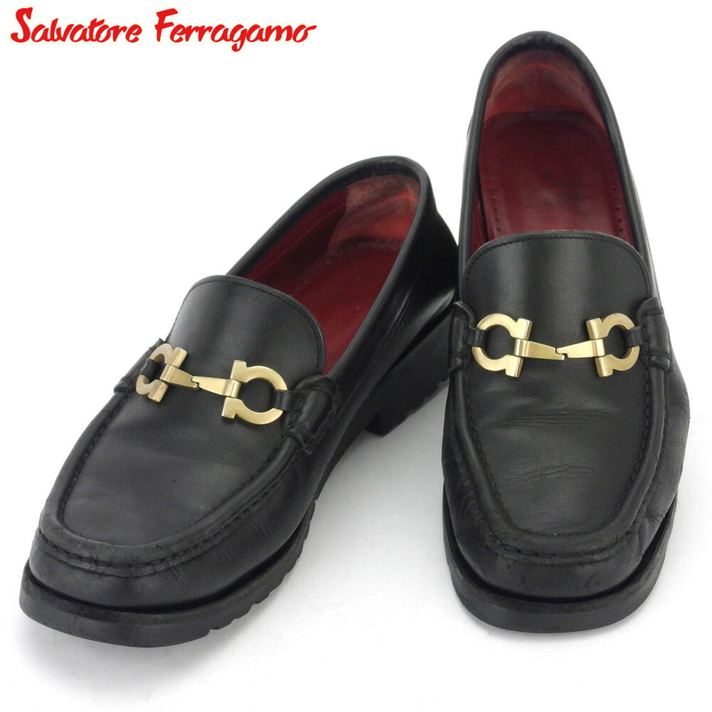 【中古】 サルヴァトーレ フェラガモ ローファー シューズ 靴 レディース #6ハーフ ガンチーニ ブラック レザー Salvatore Ferragamo 【フェラガモ】 T16889 .