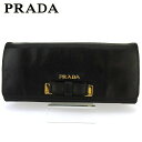 【スプリングセール30％OFF】プラダ 長財布 ファスナー付き 財布 レディース リボンモチーフ ブラック ゴールド レザー PRADA 【プラダ】 T16945S 【中古】